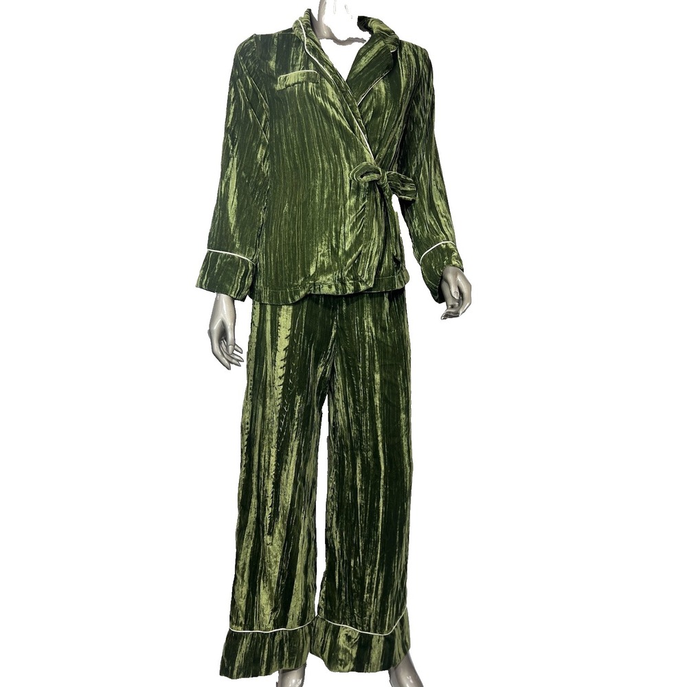 Lost Ink Wide Leg Pajama set Womens 6 Crushed Velvet Olive Green Loungewear